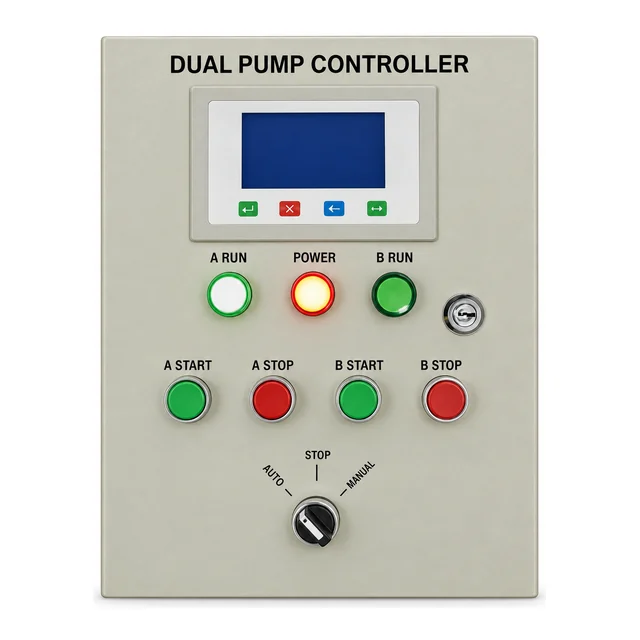 BC2 dual-pump controller — English label layout BC2 dual-pump control panel with English labels, indicator lamps and four pump-control buttons