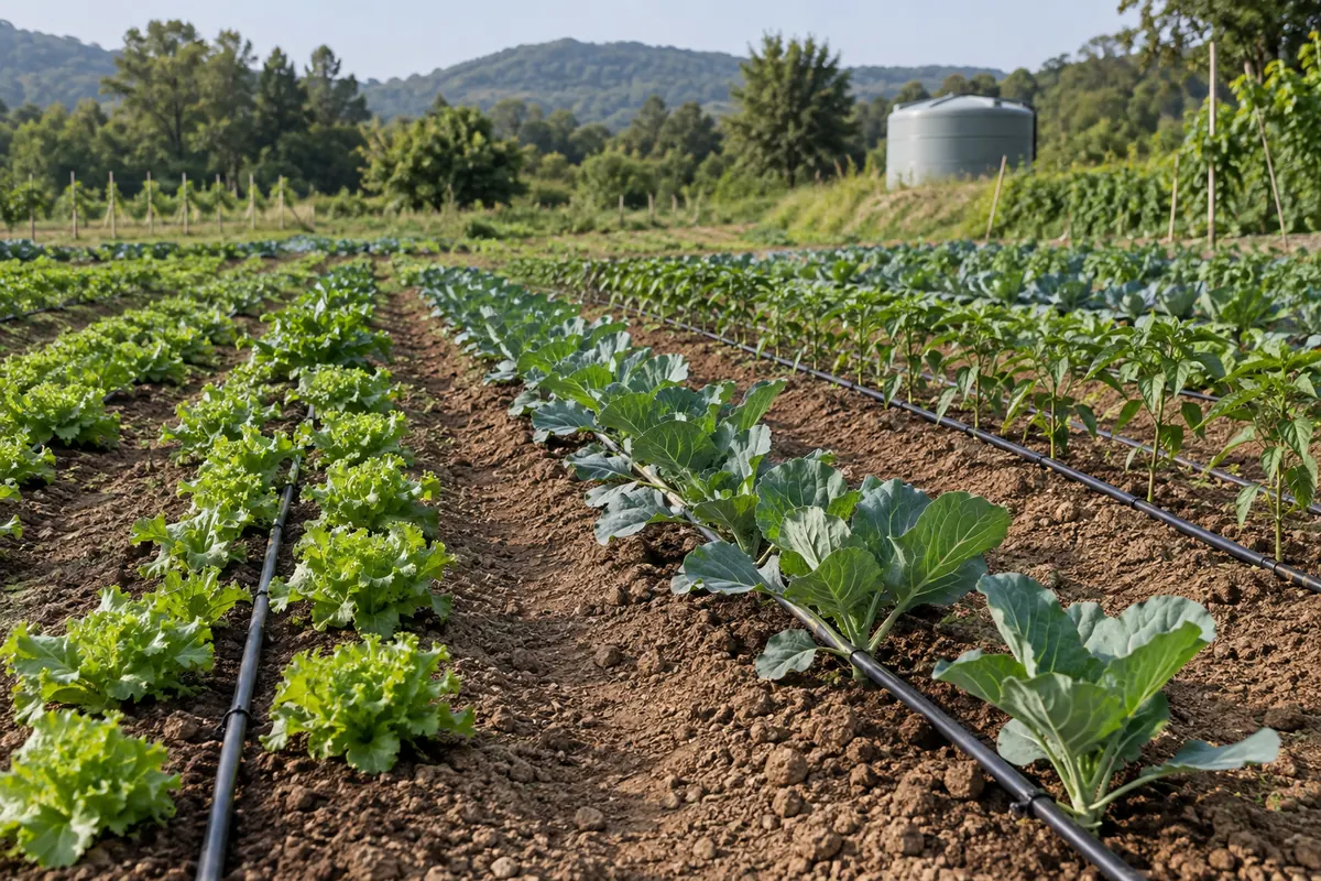 Vegetable rows with drip irrigation and water storage in the distance
