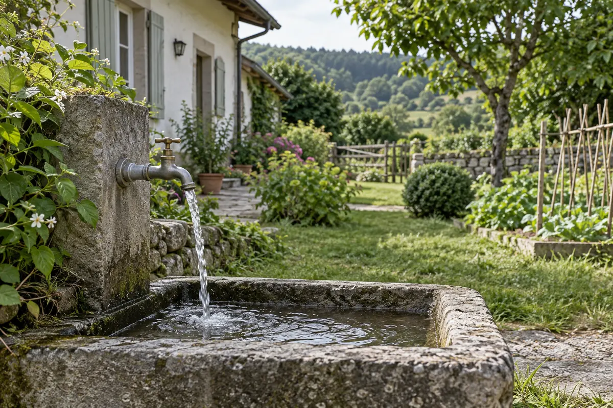An outdoor water tap and basin beside a rural home and garden