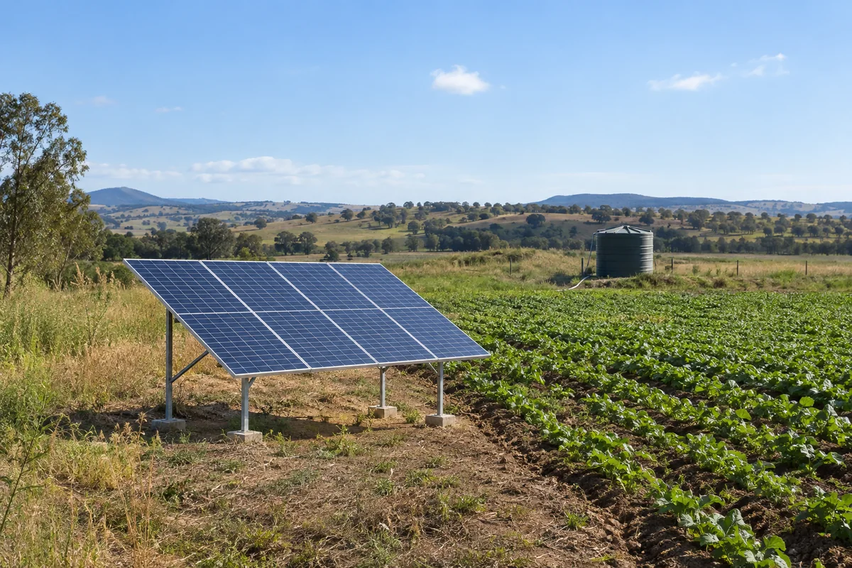 Small solar array beside crops with a water storage tank in the distance
