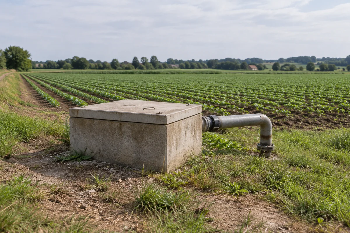 Covered rural wellhead and delivery pipe beside a cultivated field