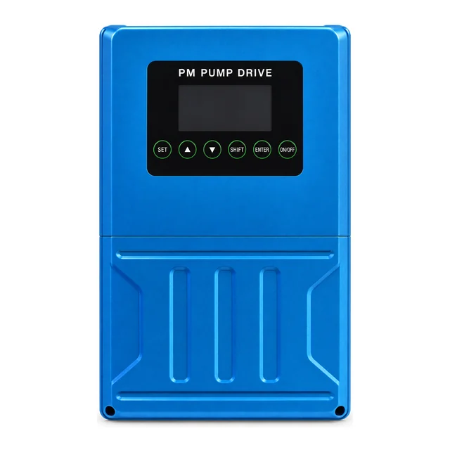 XY-GS PM drive — English label layout Blue XY-GS permanent-magnet pump drive with example English front-panel labels