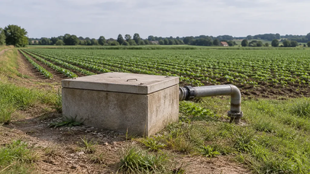 Illustrative covered wellhead and delivery pipe beside cultivated fields